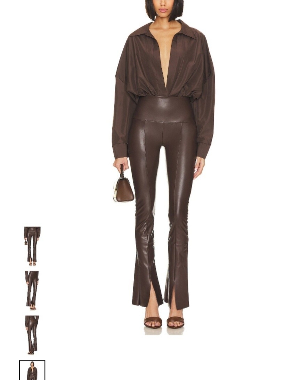 Norma Kamali Brown High-Waist Faux Leather Bootcut Pants with Front Slit